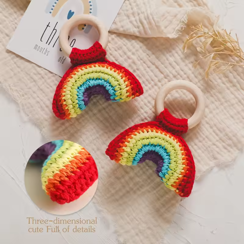 Baby Crochet Rattle Wooden Ring Fruit Pendants Teether Toys